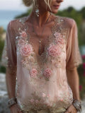Boho Roses Embroidered Hollow Lace Flowy Linen Tunic