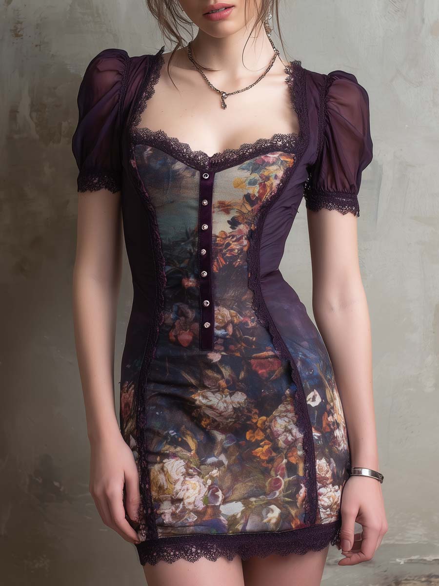 Vintage Lace Trim Oil Painting Style Chiffon Mini Dress