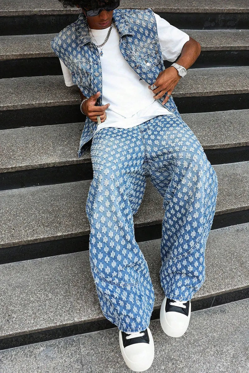 Men's Floral Jacquard Denim Vest Shirt & Stylish Long Pants
