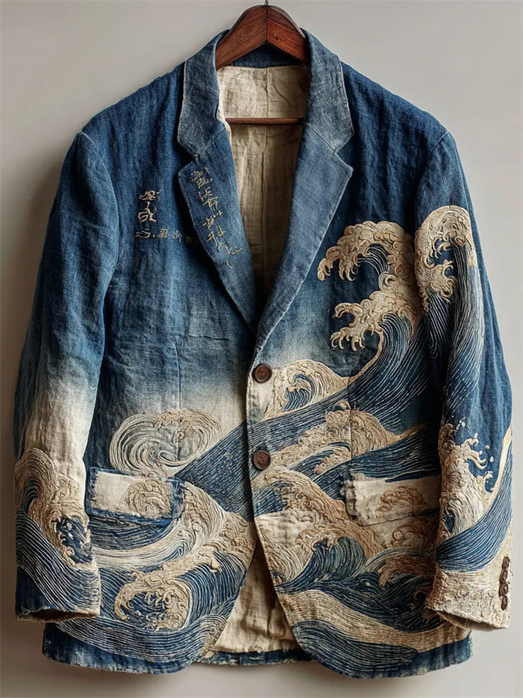 Men's Japanese Sea Waves Gradient Washed Casual Blazer