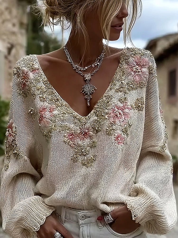 Women's Vintage Pink Flowers Art V-neck Cozy Knit Sweater