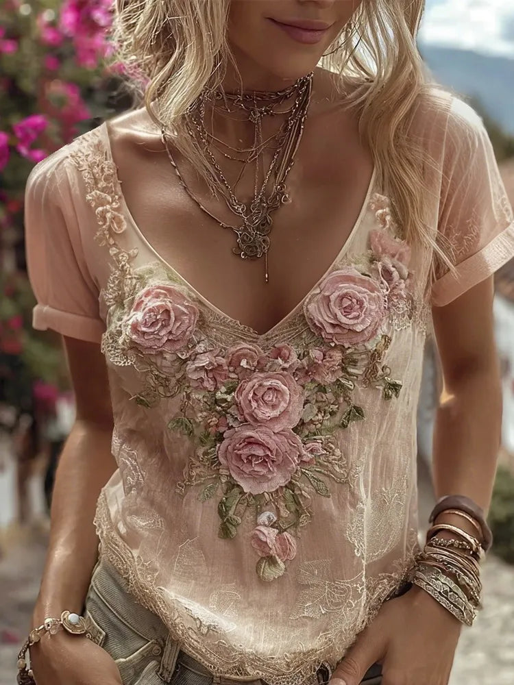 Women's Bohemian Floral Embroidery Art V-neck Linen Blend T-shirt