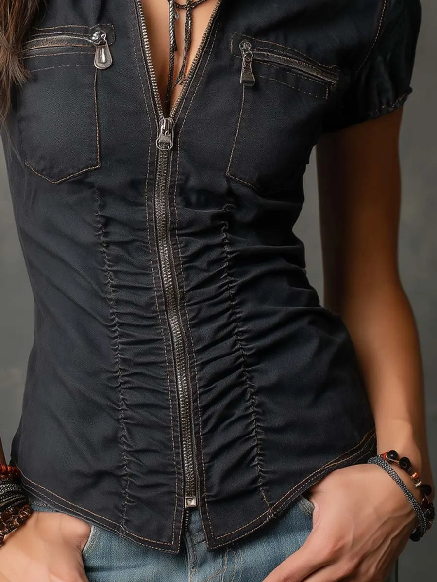 Retro Zippered Ruched Front Denim Blouse