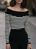 Off-Shoulder Striped Button-Shoulder Ribbed Knit Sweater