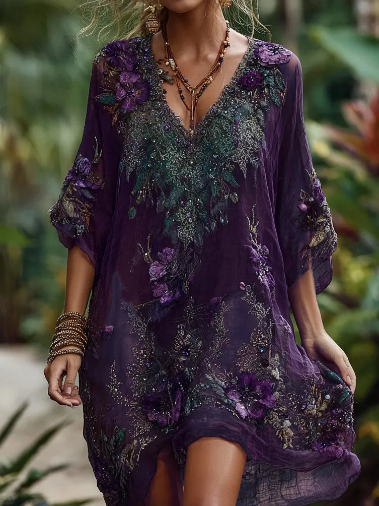 Women's Pansy Floral Embroidery Sequin Beaded Gradient Midi Dress