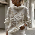 Women's Vintage White Rose Chunky Knit Turtleneck Sweater