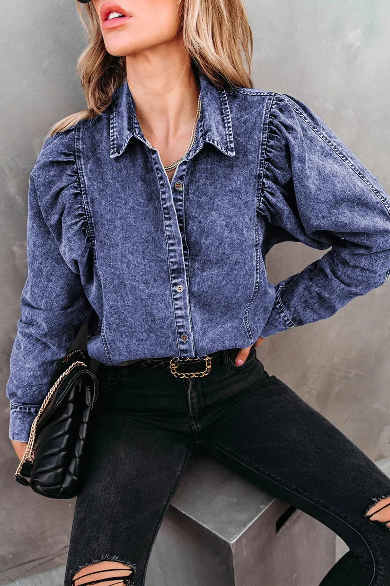Casual Versatile Gigot Sleeve Washed Denim Shirt