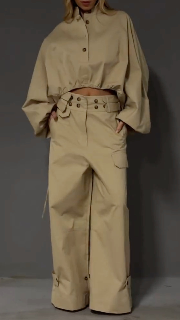 Khaki Workwear Style Cropped Top & Wide-Leg Pants Set