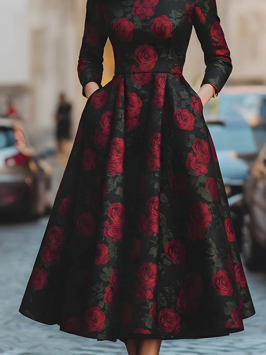 Elegant Jacquard Rose Print Midi Dress