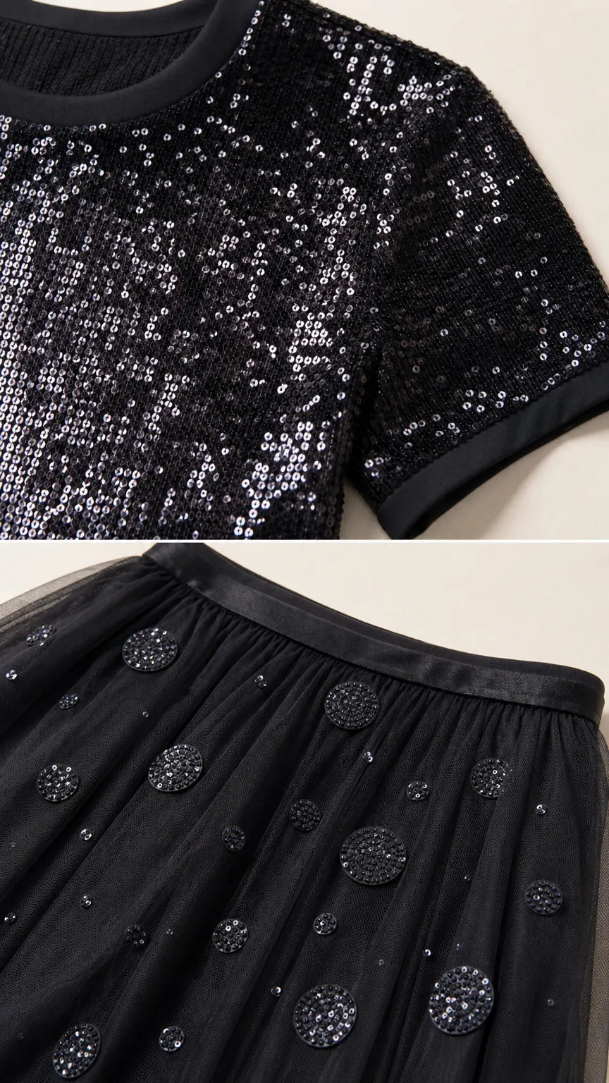 Sequined Short Sleeve Top and Embellished Tulle Maxi Skirt Evening Set