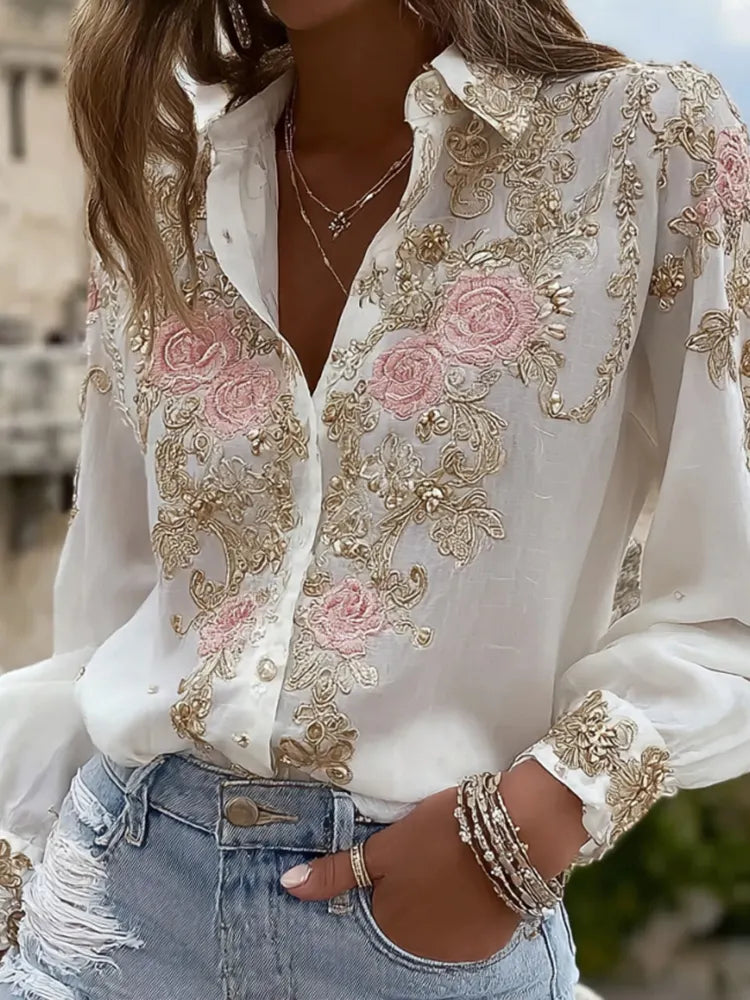 Women's Pink Rose Embroidery Art Long Sleeve Linen Blend Shirt