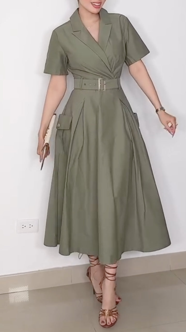 Women's A-Line Dress With Lapel Tie Waist And Elegant Style