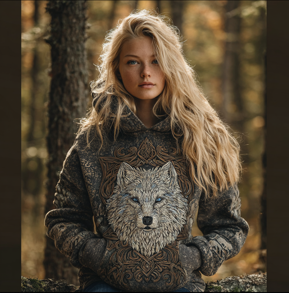 Vintage Viking Style Wolf Totem Women's Hooded Sweatshirt