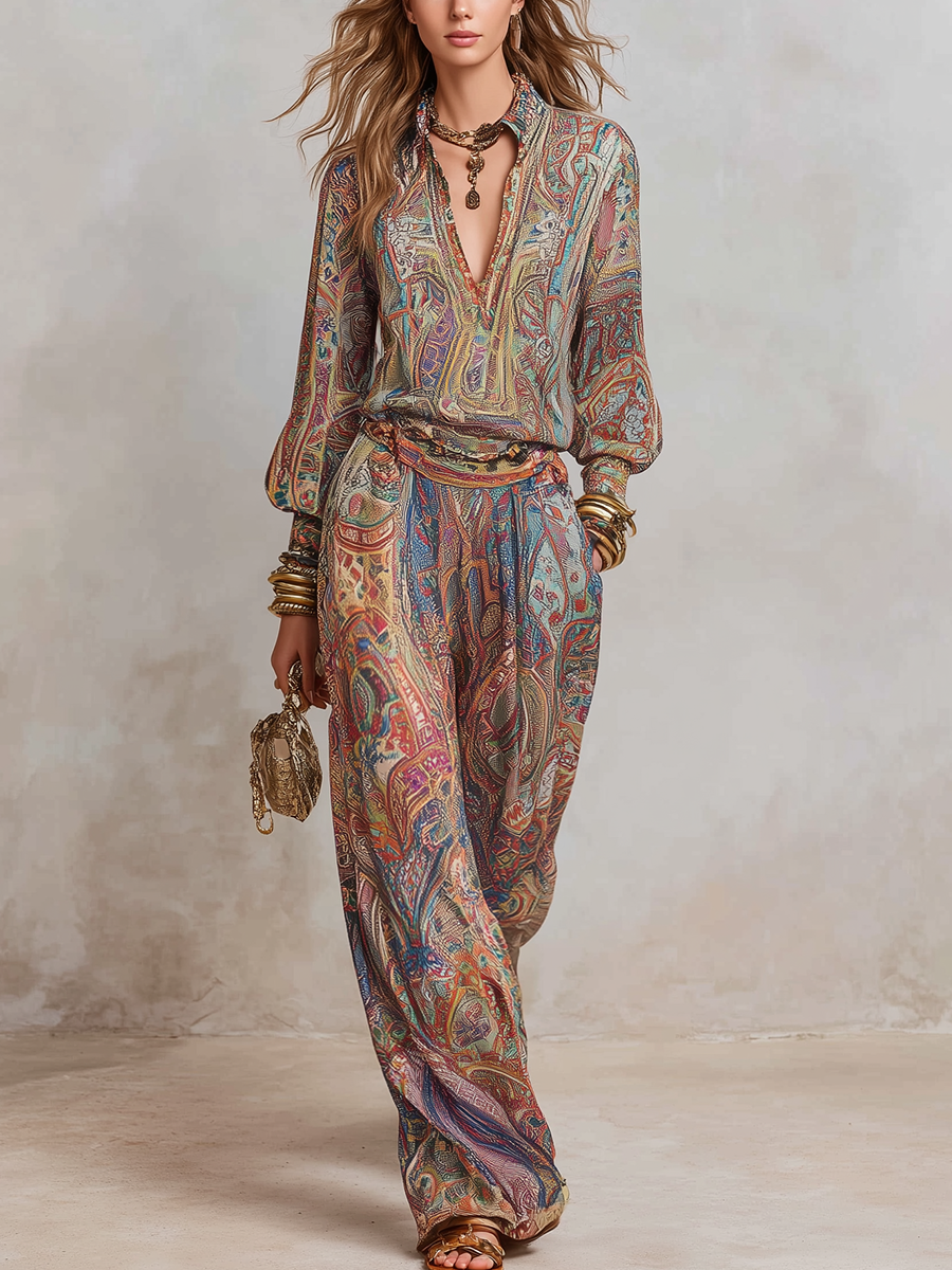 Exquisite paisley print wide leg pantsuit