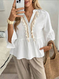 Women's V-neck Button Tassel Tie Top