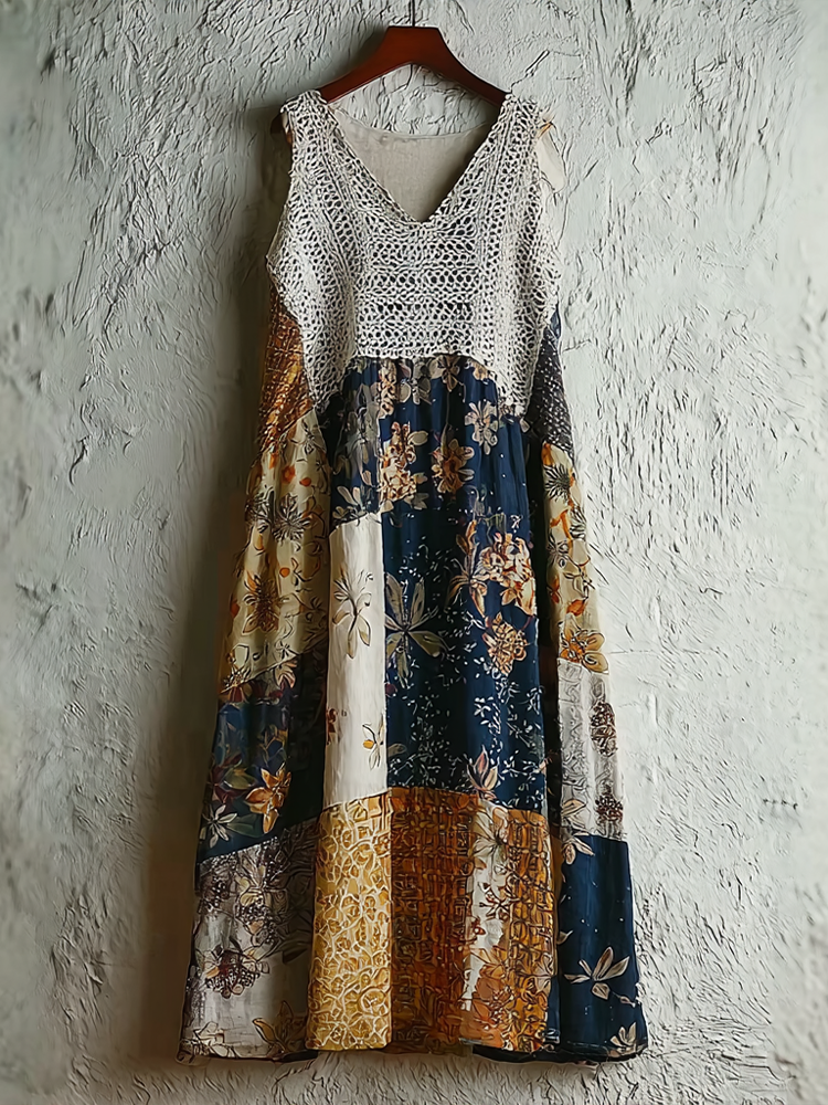 Japanese Art Retro Style Plant And Flower Pattern Patchwork Design V-neck Cotton And Linen Dress