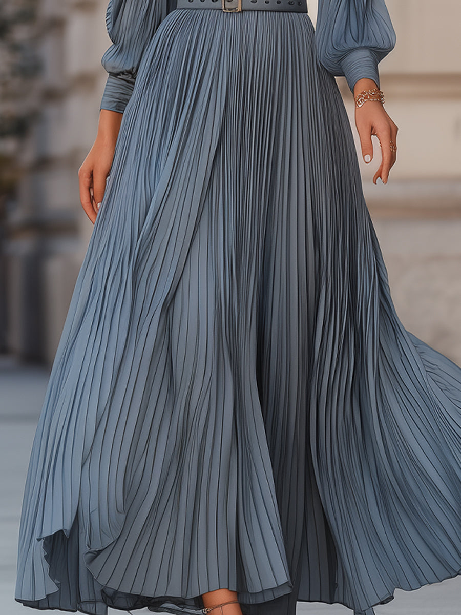 Mooyius Steel Blue Pleated Midi Dress