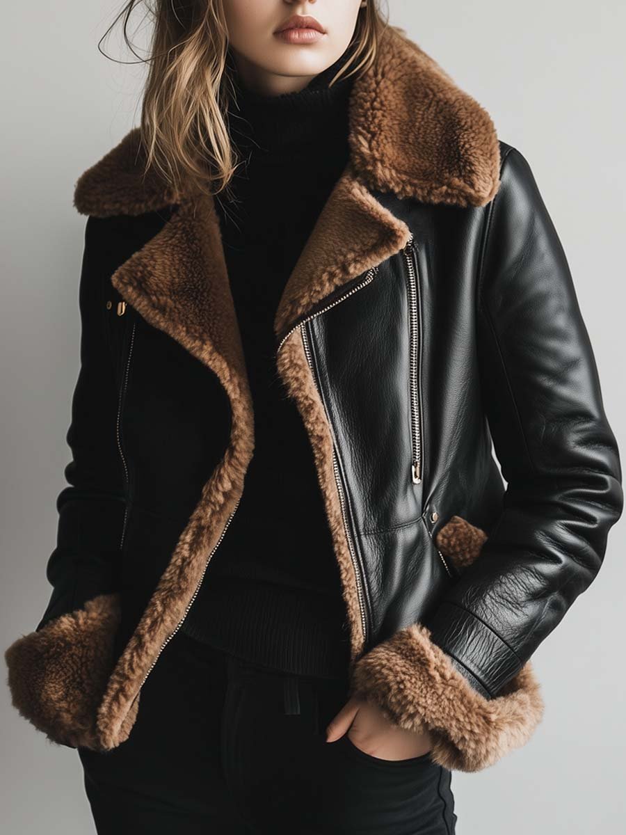 Women's Vintage Fur Collar Contrast Faux Leather Jacket