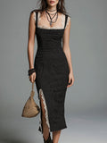 Elegant Striped Lace-trimmed Side-slit Hem Midi Dress