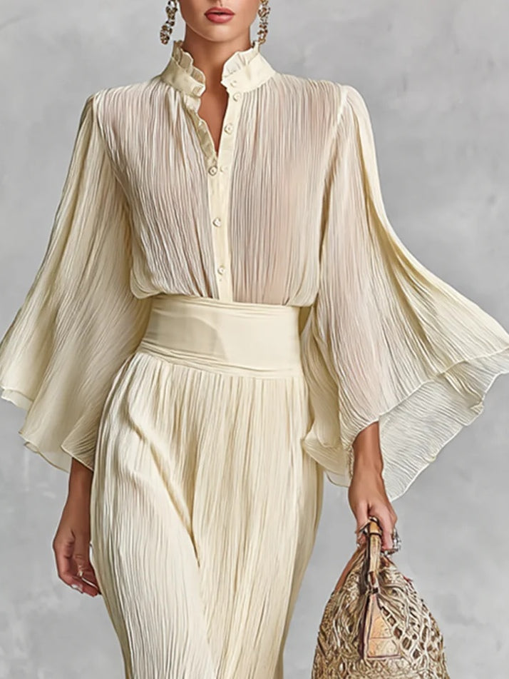 Pleated Stand Collar Trumpet Sleeve Shirt Slit Floor Length Skirt Two-piece Set