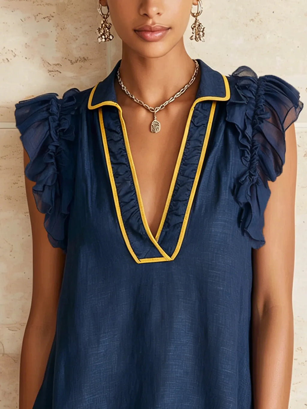 Navy Blue And Yellow Trim Ruffled Loose Mini Dress