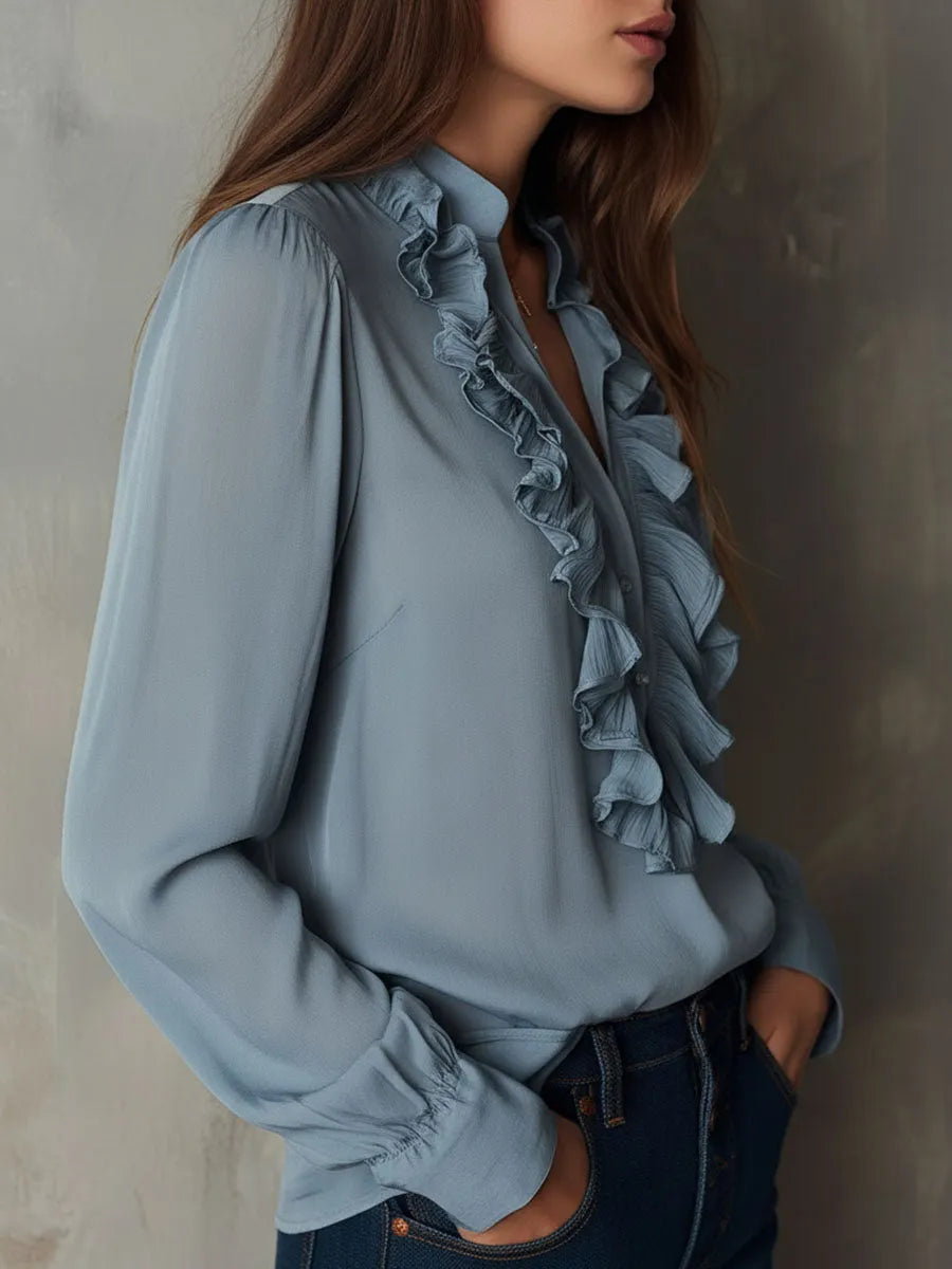 Dusty Blue Ruffle Front V-Neck Button Chiffon Blouse