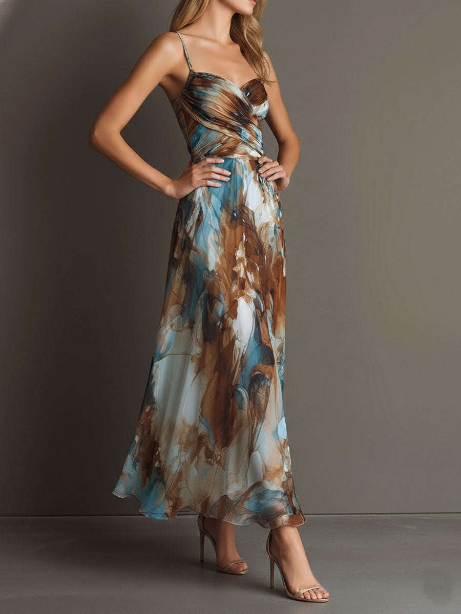 Boho Watercolor Print Chiffon Spaghetti Strap Maxi Dress