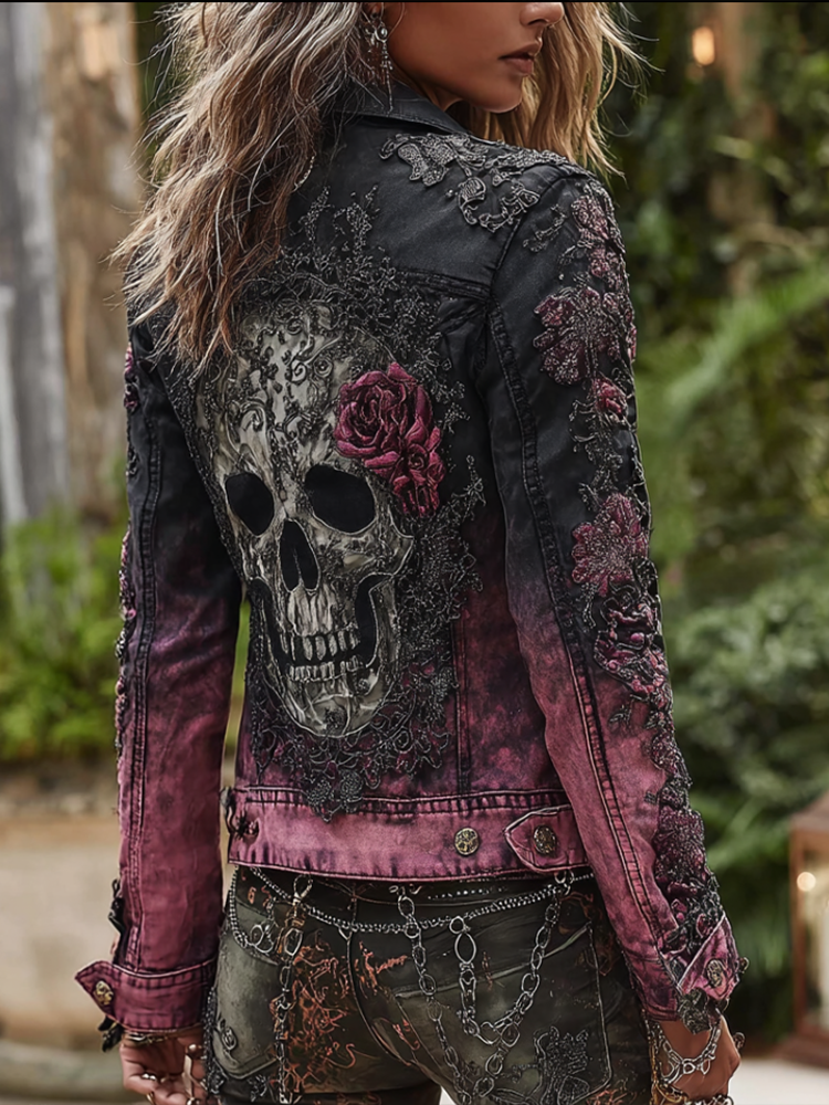 A Retro Women's Black-pink Gradient Denim Jacket With Gothic Skull And Floral Elements Design For Halloween