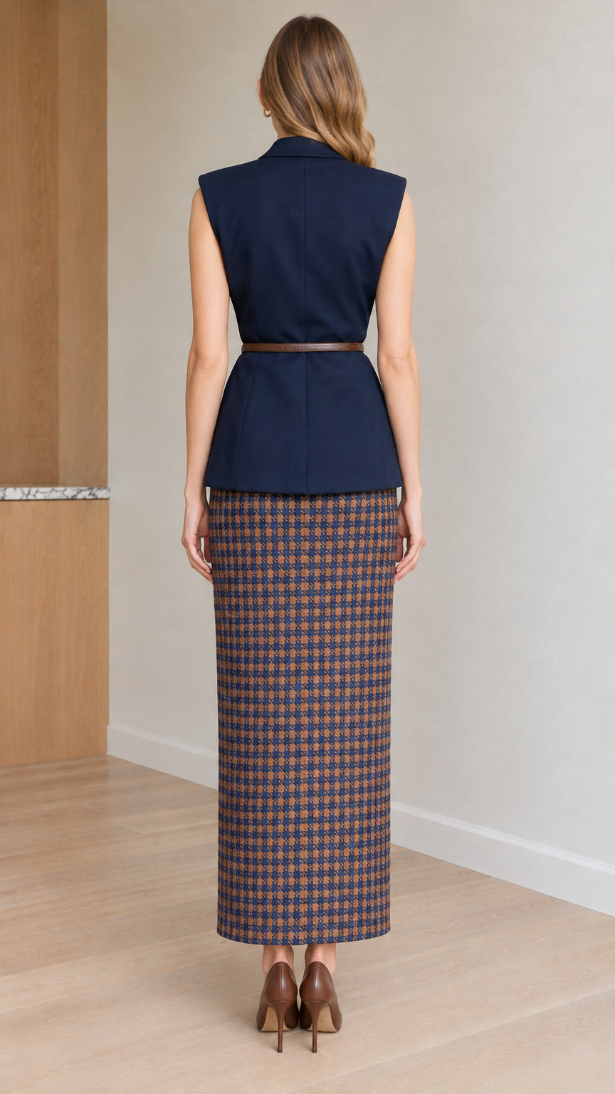Tailored Sleeveless Belted Blazer Vest and Houndstooth Maxi Skirt Set