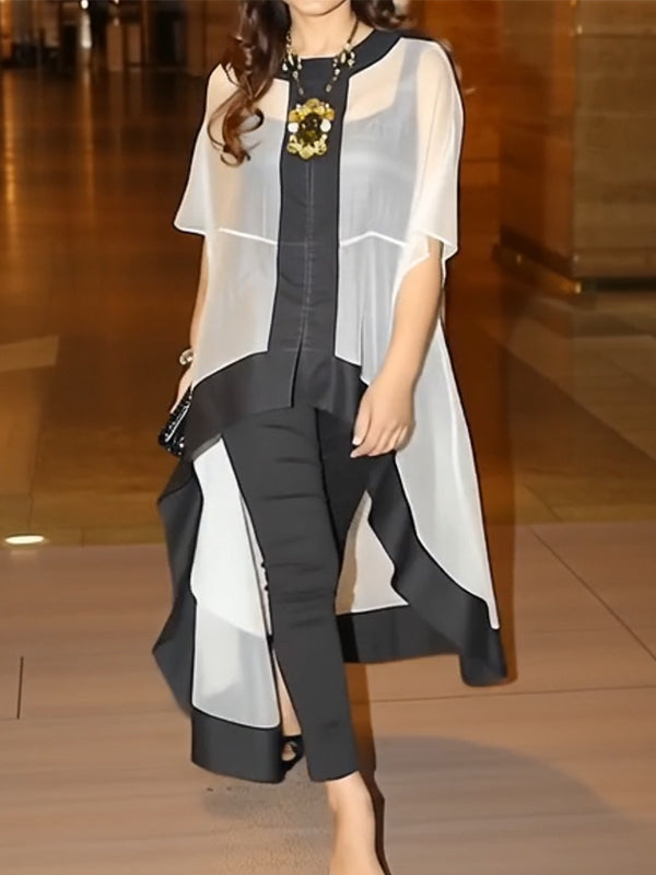 Batwing Sleeves High-low Gauze See-Through Split-Joint Round-neck Blouses&shirts Tops