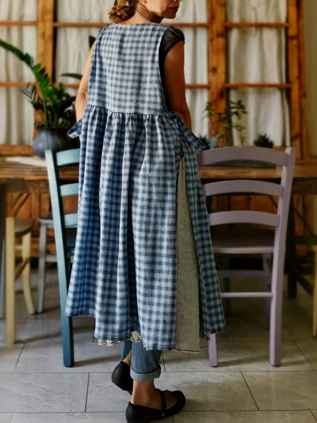 Sky Blue and Grey Tartan Cotton Kitchen Apron