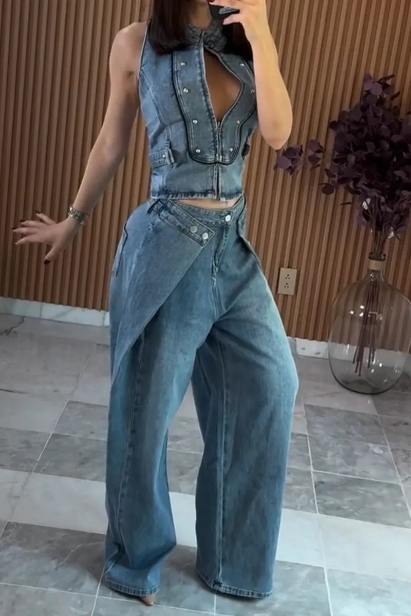 Women's Casual Slim Fit Backless Denim Vest or Layered Jeans