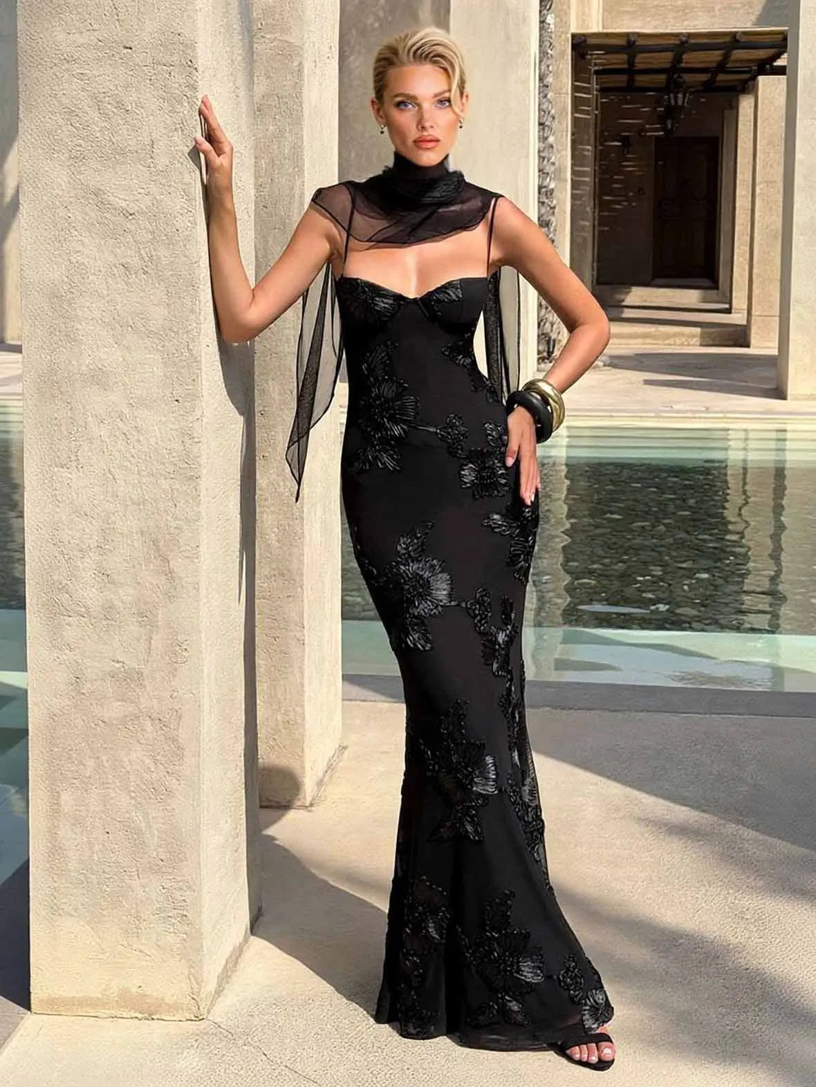 Elegant Floral Embroidered Spaghetti Strap Mermaid Maxi Dress