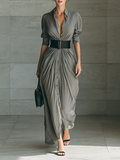 Ladies Lapel Long Sleeve Single Breasted Belt Maxi Dress