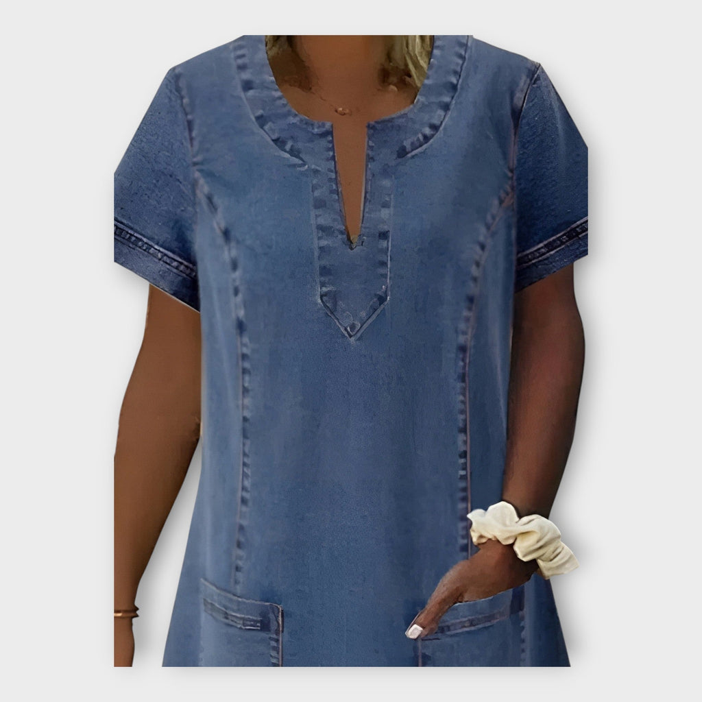 Denim Dress with Pockets and V Neckline
