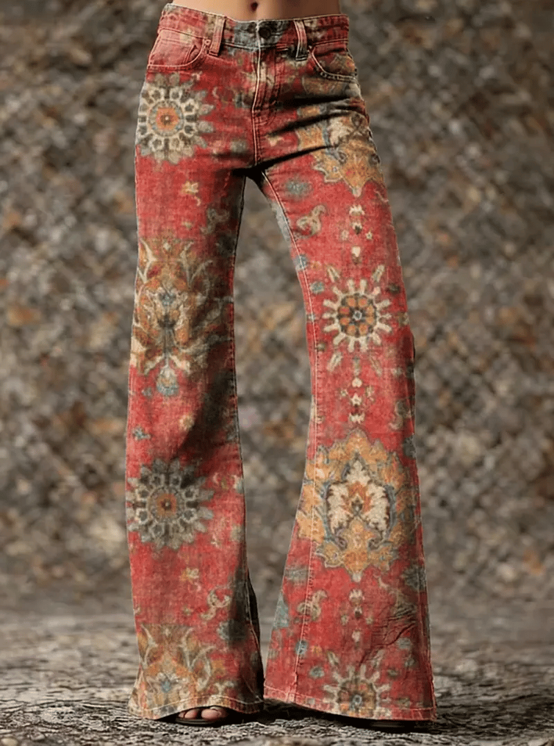 Women's Retro Ethnic Floral Art Print Casual Washed Pants