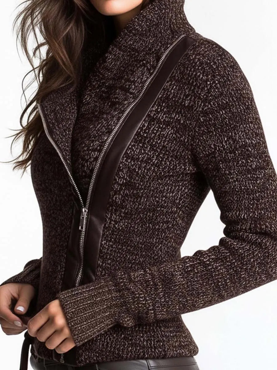 Brown Asymmetrical Zip Ribbed Knit Jacket