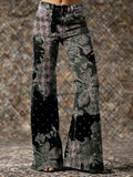 Women's Vintage Pink Black Lace Collage Floral Art Printed Casual Slim  Wide Leg Pants