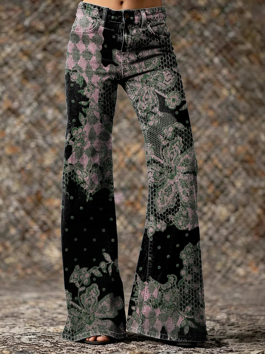 Women's Vintage Pink Black Lace Collage Floral Art Printed Casual Slim  Wide Leg Pants