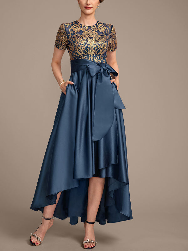 Round Neck Printed Patchwork Midi Dress