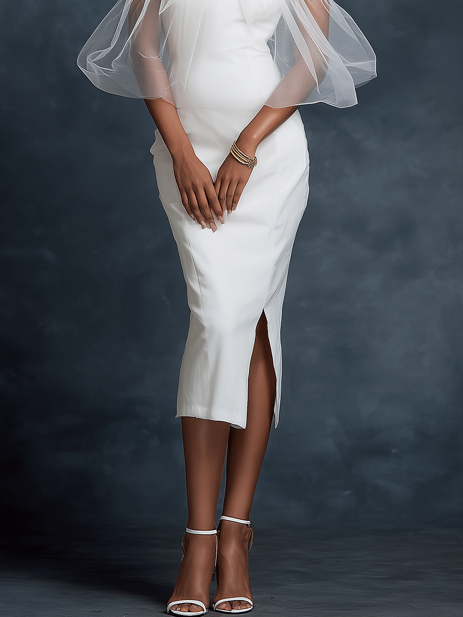 Chic White Side Slit Tulle Puff Sleeves Bodycon Midi Dress