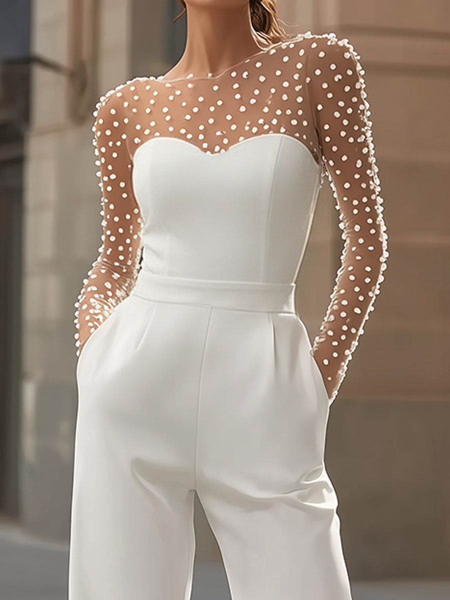 Pearl-Embellished Sheer Bodice White Jumpsuit