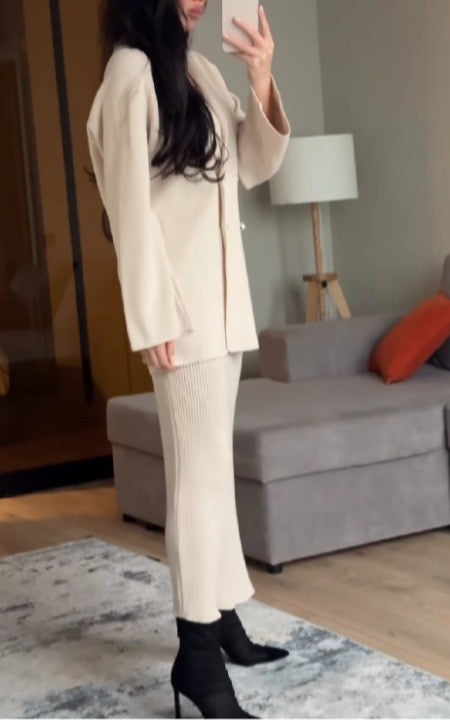 Fashion button long sleeve solid color skirt set