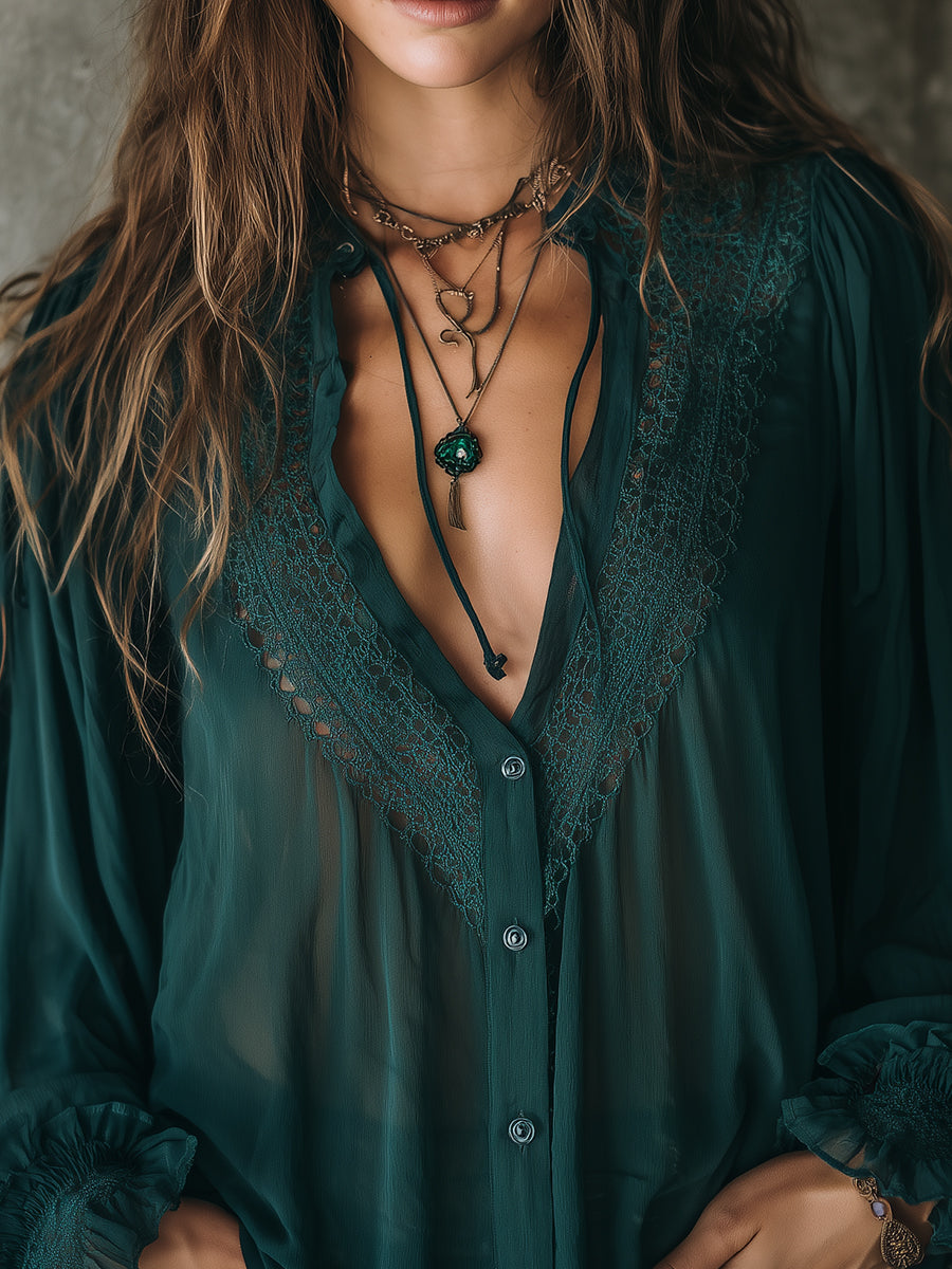 Quiet Luxury Chiffon Lace Splicing Tie Neckline Blouse