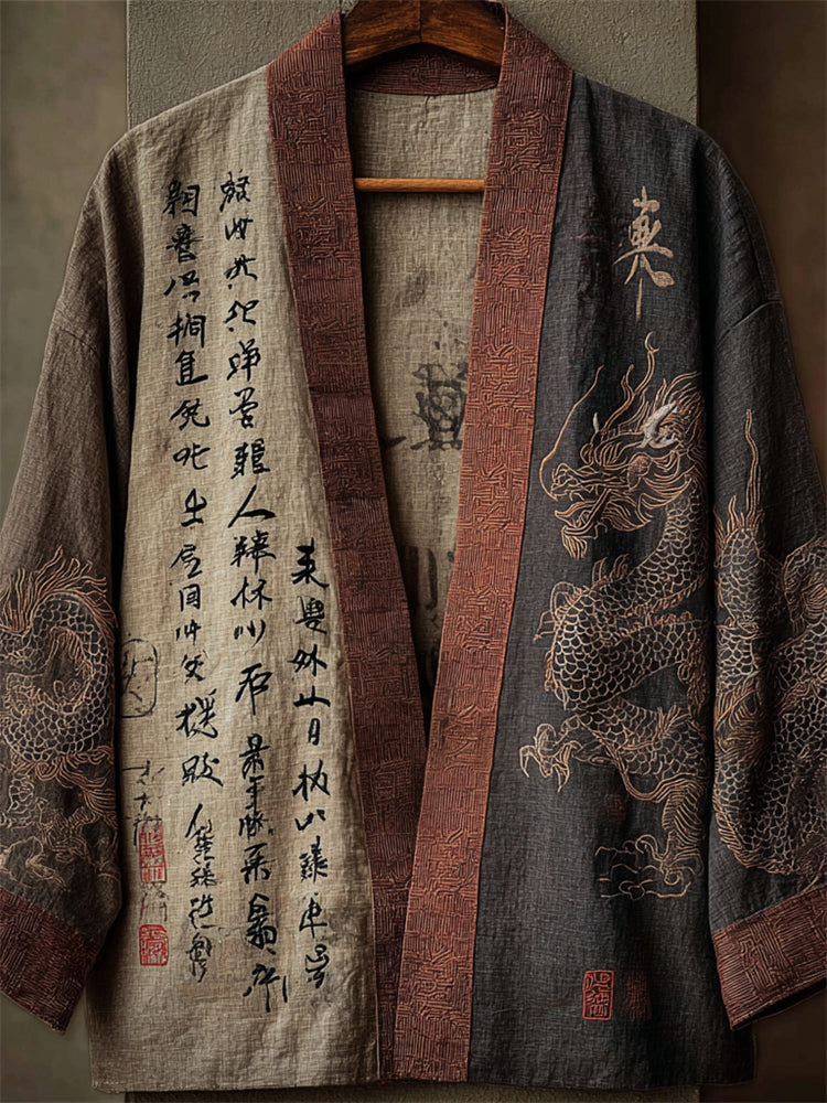 Japanese Dragons & Calligraphy Contrast Linen Kimono