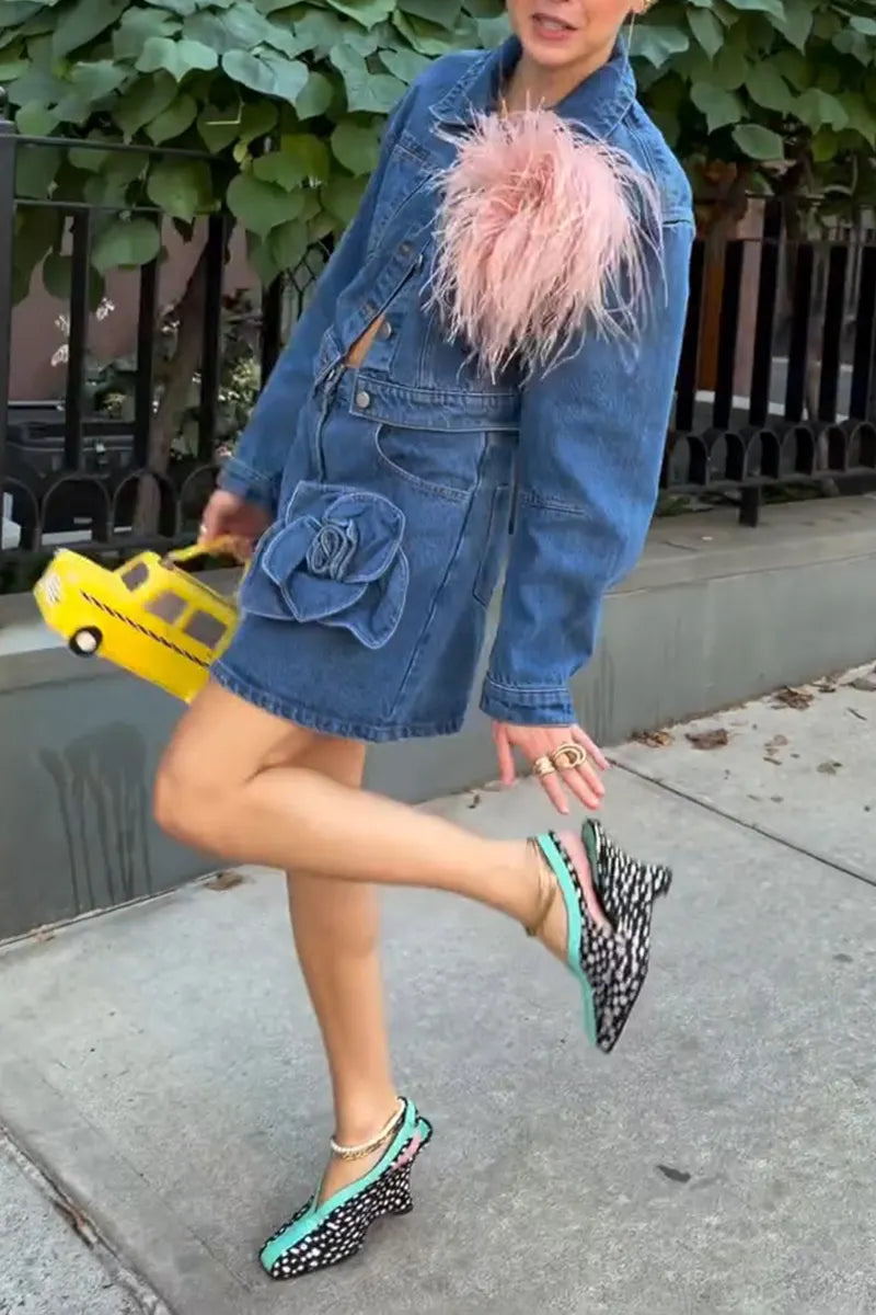 Women's Casual Plush Decoration Denim Jacket or Flower Denim Skirt