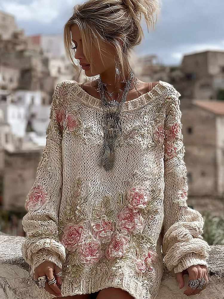 Women's Vintage Pink Flowers Art Cozy Knit Pullover Mini Sweater Dress
