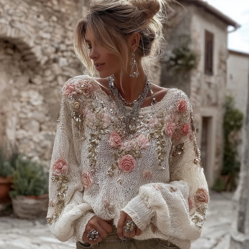 Women's Vintage Pink Flowers Art Cozy Knit Pullover Sweater