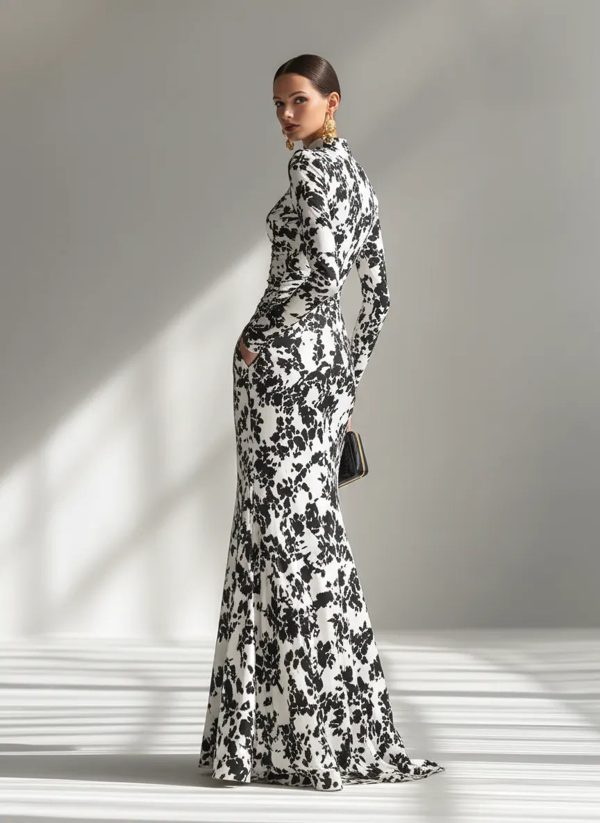 Women's Black And White Patterned Stretch Blend Wrap Dress MDA1295K1AP