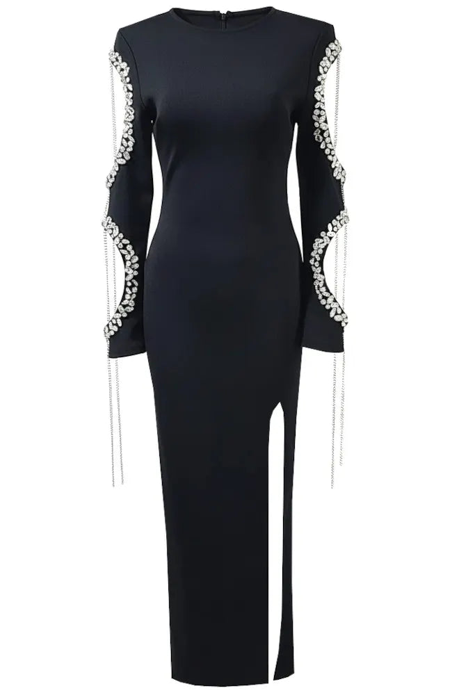 Crystal Cut Out Long Sleeve Maxi Dress Black